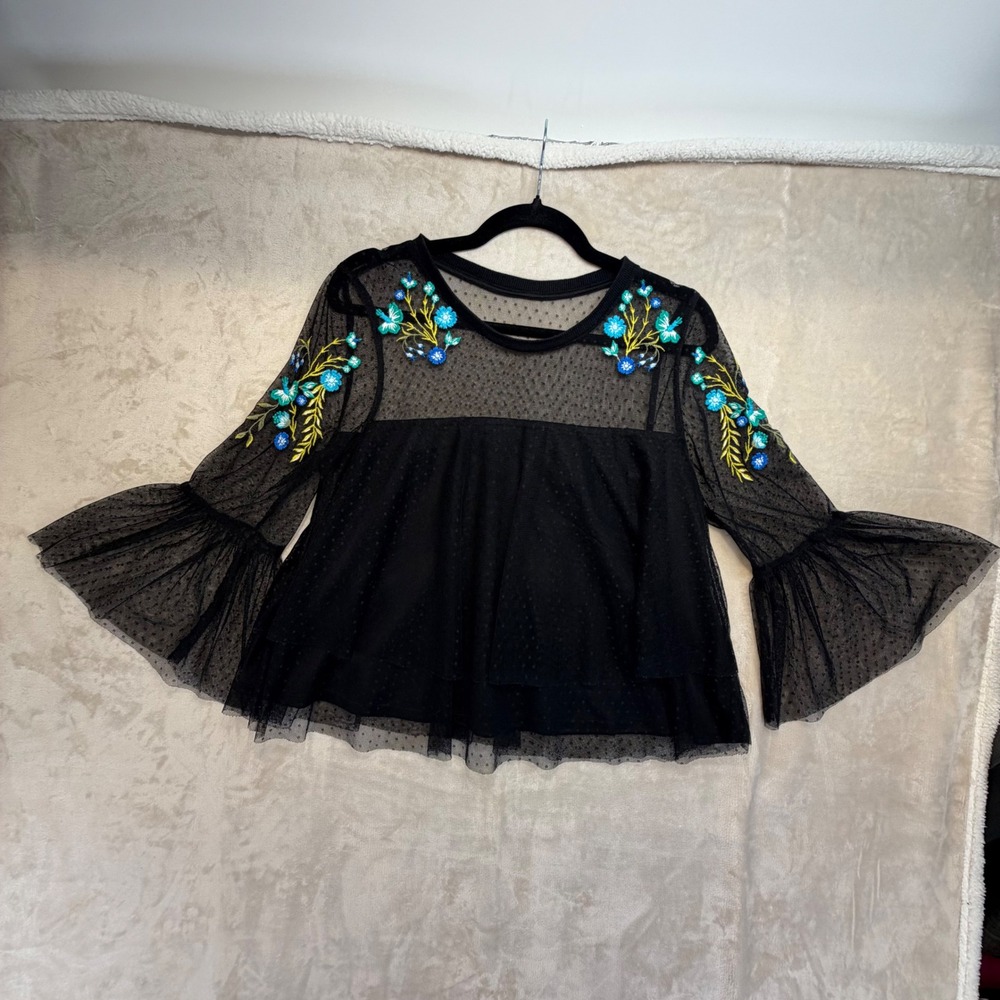 Kaari Blue Mesh Floral Embroidered Top Women Medium Black Excellent Bell Sleeve